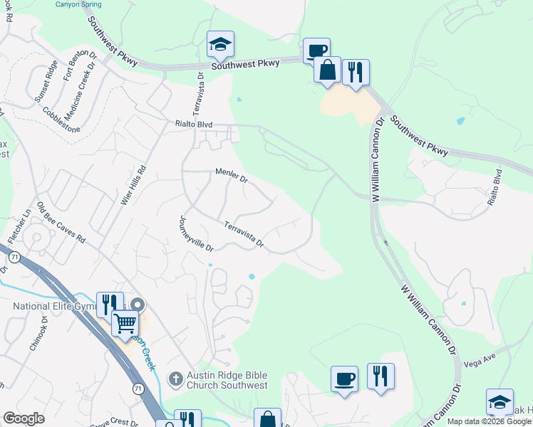 map of restaurants, bars, coffee shops, grocery stores, and more near 7433 Bonniebrook Drive in Austin