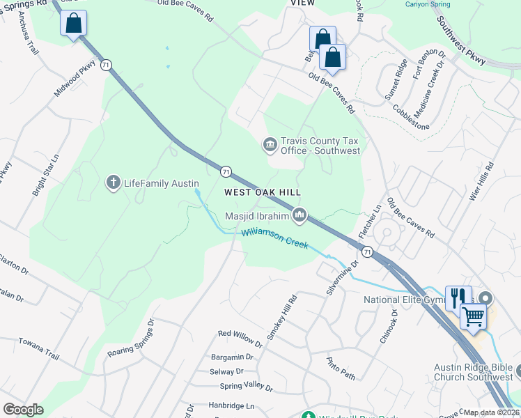 map of restaurants, bars, coffee shops, grocery stores, and more near 6701 Covered Bridge Drive in Austin