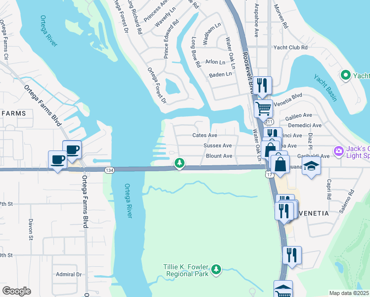 map of restaurants, bars, coffee shops, grocery stores, and more near 4756 Sussex Avenue in Jacksonville