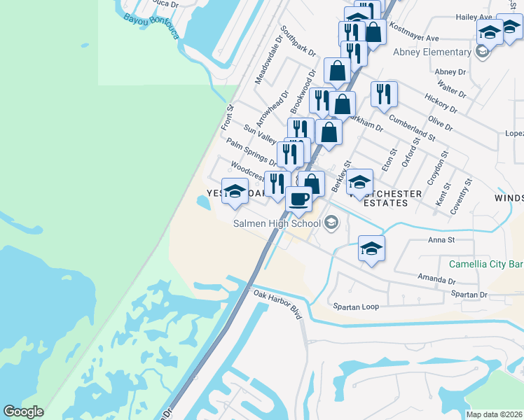 map of restaurants, bars, coffee shops, grocery stores, and more near 277 Greencrest Drive in Slidell