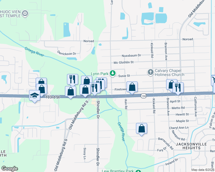 map of restaurants, bars, coffee shops, grocery stores, and more near 8739 Firetower Road in Jacksonville