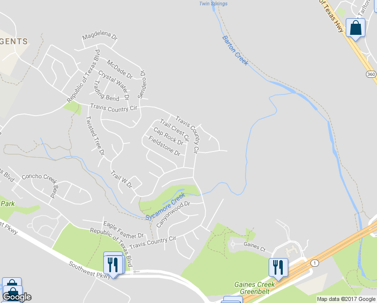 map of restaurants, bars, coffee shops, grocery stores, and more near 4602 Trail Crest Circle in Austin