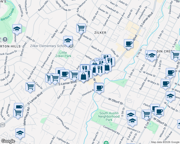 map of restaurants, bars, coffee shops, grocery stores, and more near 2106 Kinney Avenue in Austin