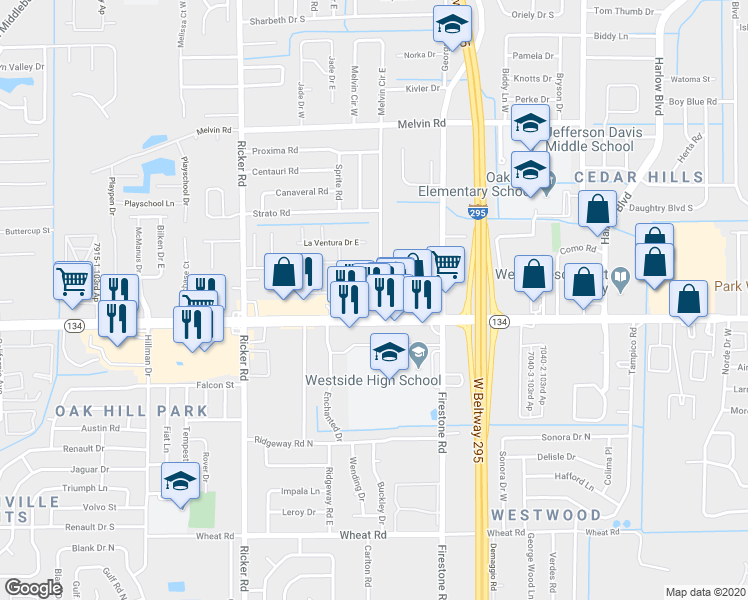 map of restaurants, bars, coffee shops, grocery stores, and more near 5226 Redstone Drive in Jacksonville