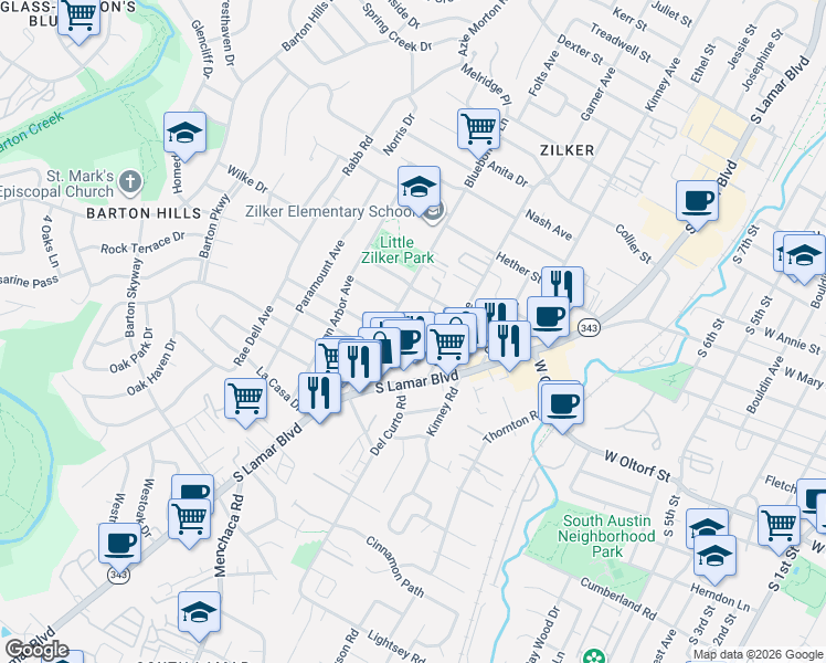 map of restaurants, bars, coffee shops, grocery stores, and more near 1903 Frazier Avenue in Austin