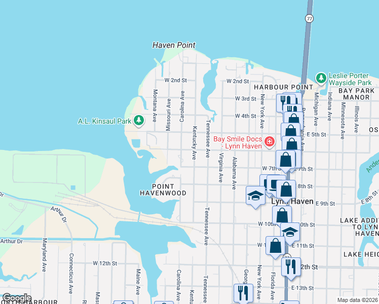 map of restaurants, bars, coffee shops, grocery stores, and more near 601 Carolina Avenue in Lynn Haven