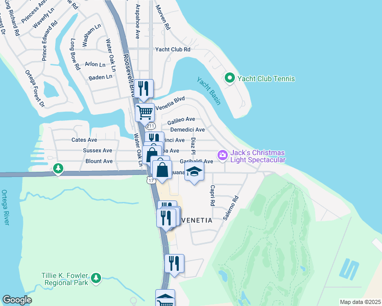 map of restaurants, bars, coffee shops, grocery stores, and more near 5416 Diaz Place in Jacksonville
