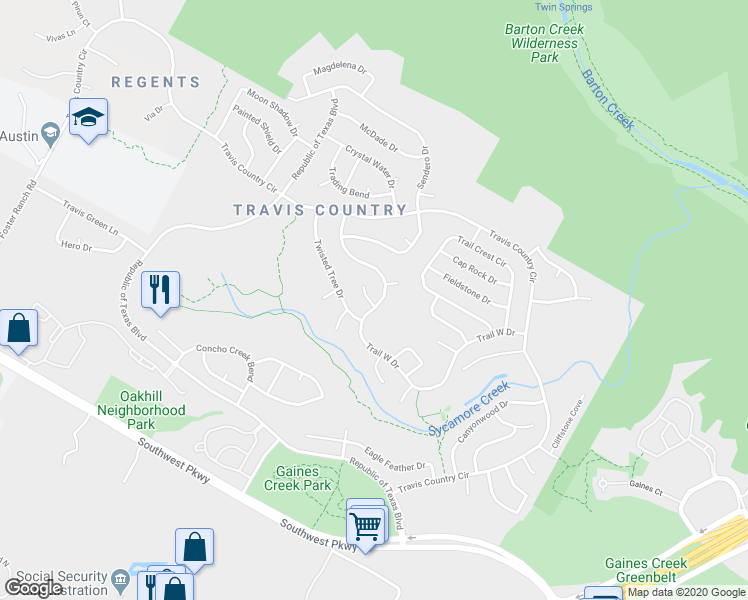 map of restaurants, bars, coffee shops, grocery stores, and more near 4921 Trail West Drive in Austin