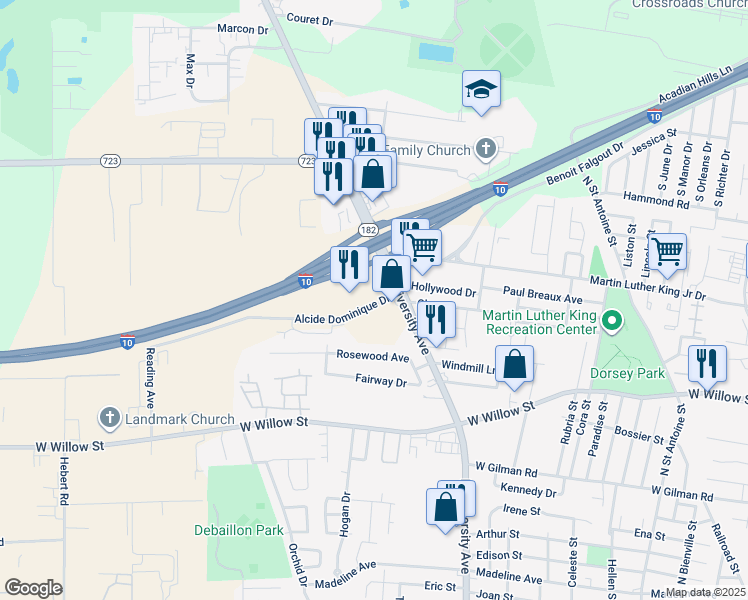 map of restaurants, bars, coffee shops, grocery stores, and more near 100 Alcide Dominique Drive in Lafayette