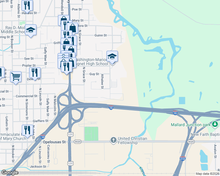 map of restaurants, bars, coffee shops, grocery stores, and more near 2805 Alice Street in Lake Charles