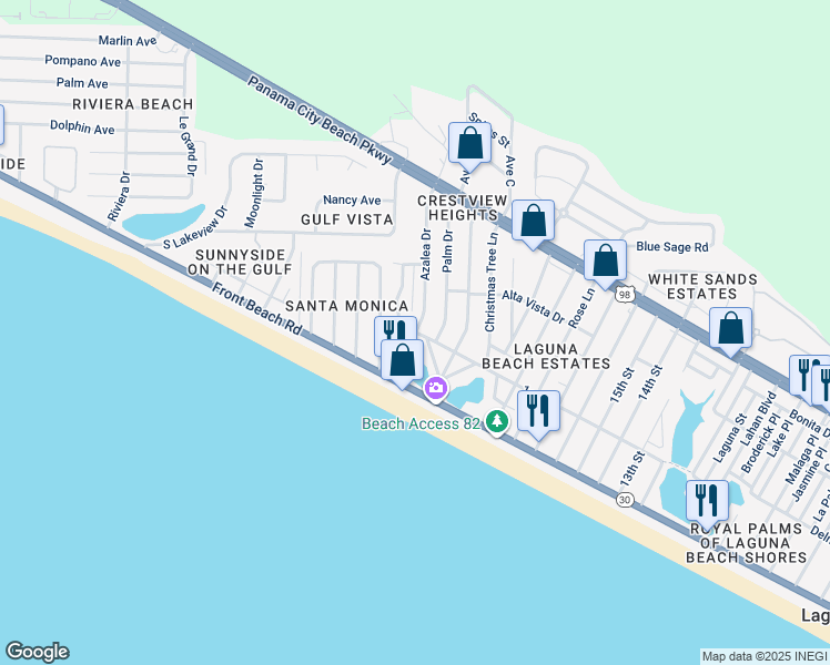 map of restaurants, bars, coffee shops, grocery stores, and more near 32401 1st Avenue in Panama City Beach