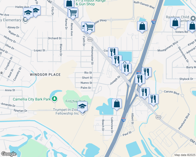map of restaurants, bars, coffee shops, grocery stores, and more near 210 Howze Beach Road in Slidell