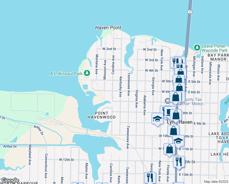map of restaurants, bars, coffee shops, grocery stores, and more near 601 Carolina Avenue in Lynn Haven