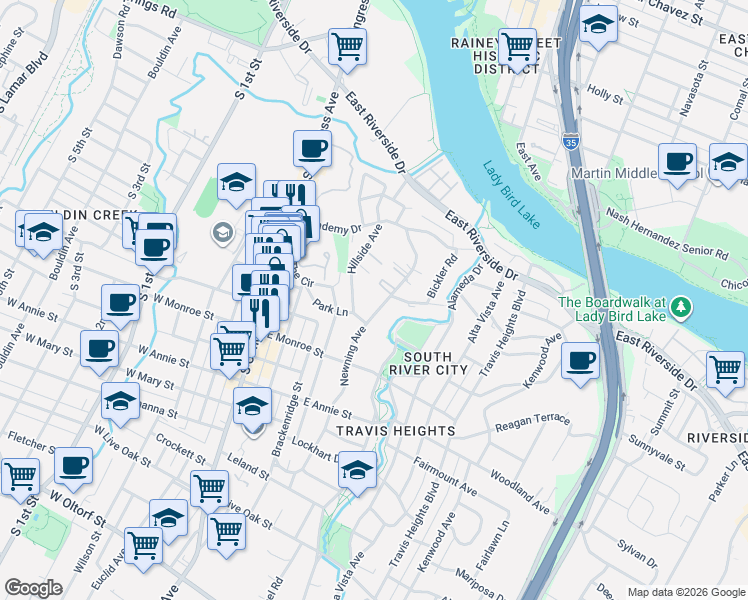 map of restaurants, bars, coffee shops, grocery stores, and more near 1404 Newning Avenue in Austin