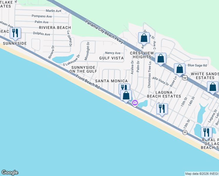 map of restaurants, bars, coffee shops, grocery stores, and more near 112 Buena Vista Avenue in Panama City Beach
