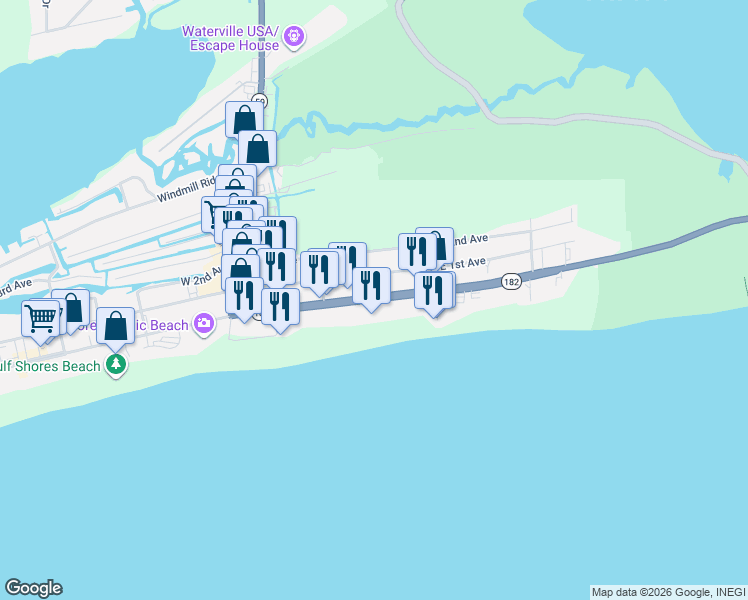 map of restaurants, bars, coffee shops, grocery stores, and more near 337 East Beach Boulevard in Gulf Shores