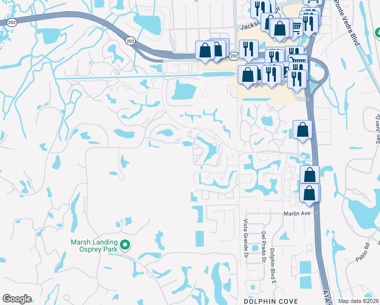map of restaurants, bars, coffee shops, grocery stores, and more near 153 Deer Lake Drive in Ponte Vedra Beach