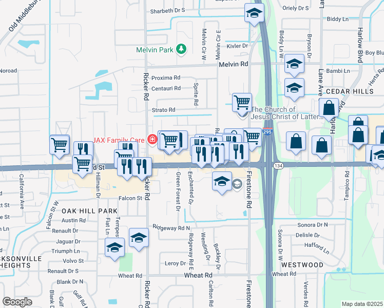 map of restaurants, bars, coffee shops, grocery stores, and more near 7422 Laventura Drive South in Jacksonville