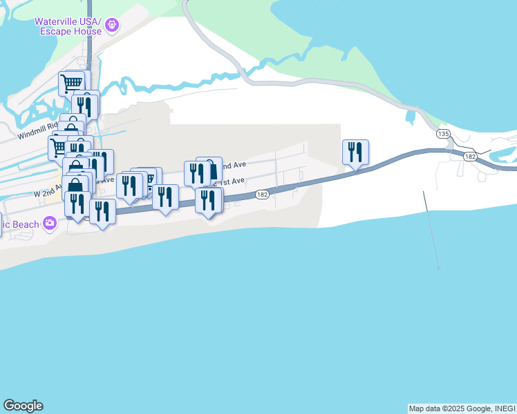 map of restaurants, bars, coffee shops, grocery stores, and more near 443 East Beach Boulevard in Gulf Shores