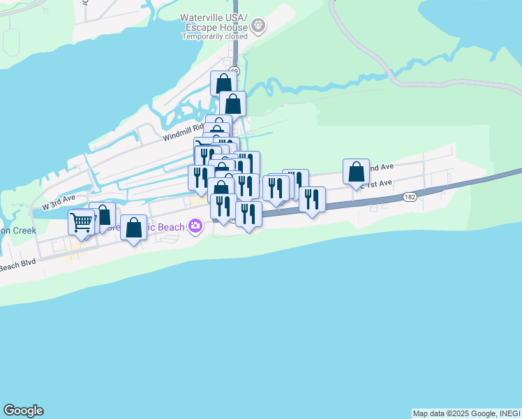 map of restaurants, bars, coffee shops, grocery stores, and more near 220 East Beach Boulevard in Gulf Shores