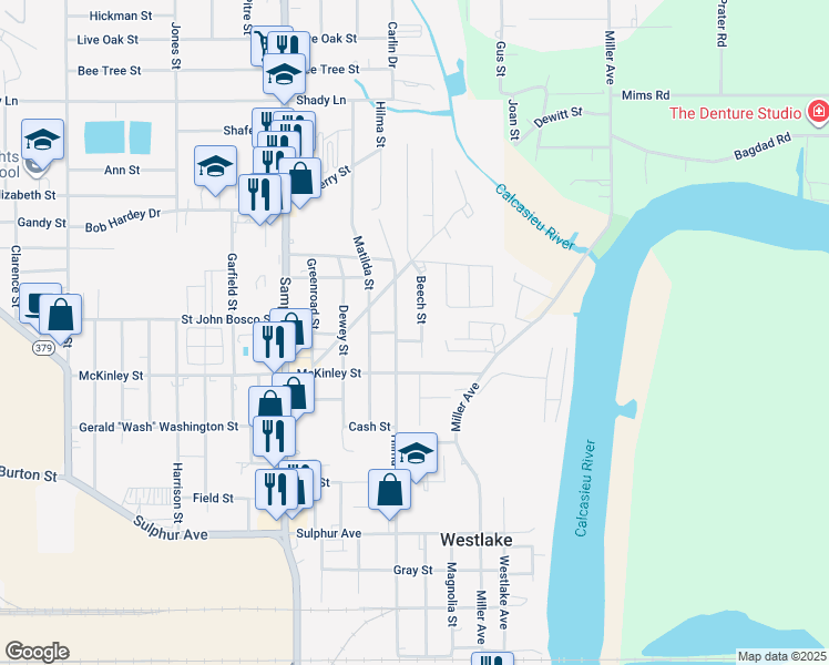 map of restaurants, bars, coffee shops, grocery stores, and more near 1302 Hilma Street in Westlake