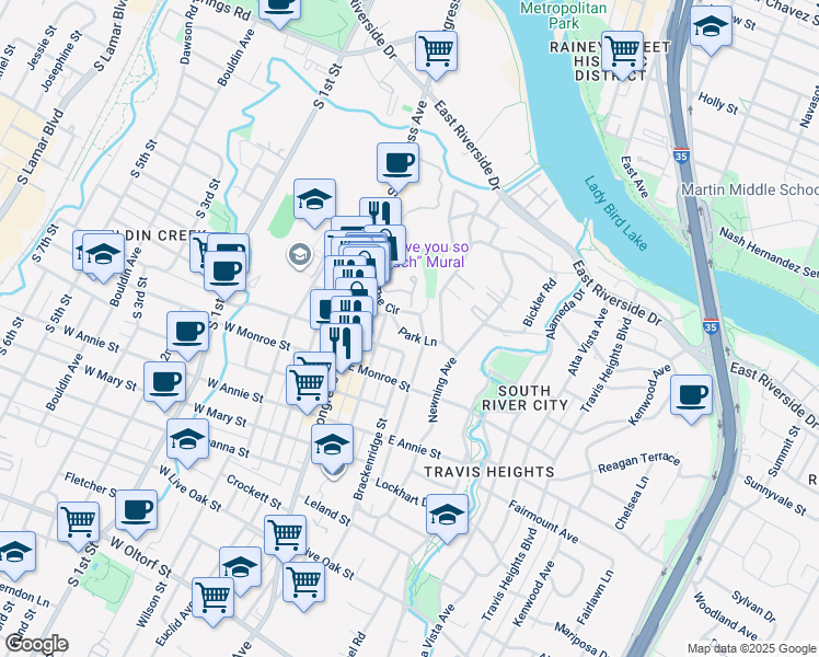 map of restaurants, bars, coffee shops, grocery stores, and more near 208 Park Lane in Austin