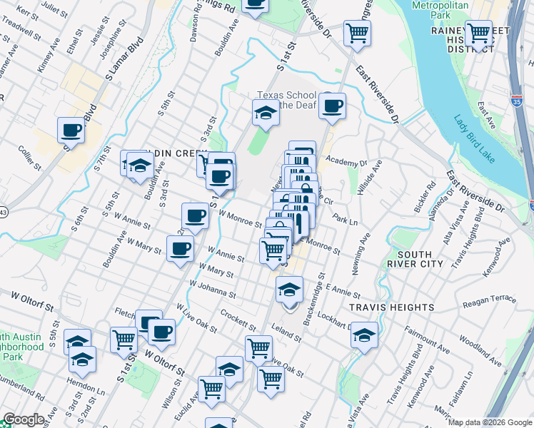 map of restaurants, bars, coffee shops, grocery stores, and more near 1507 Newton Street in Austin