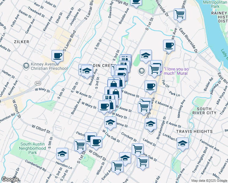 map of restaurants, bars, coffee shops, grocery stores, and more near 1603 South 1st Street in Austin