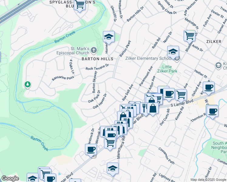 map of restaurants, bars, coffee shops, grocery stores, and more near 2414 Elmglen Drive in Austin