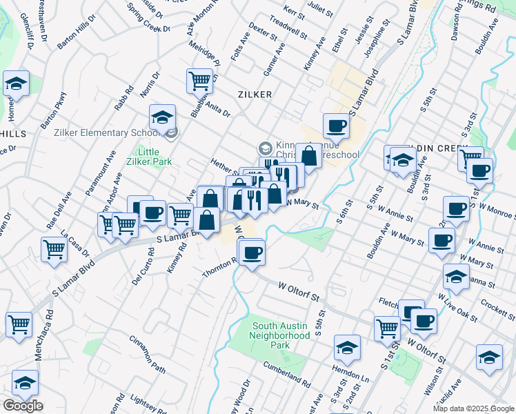 map of restaurants, bars, coffee shops, grocery stores, and more near 2028 South Lamar Boulevard in Austin
