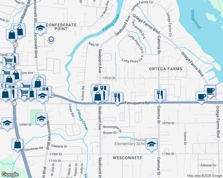 map of restaurants, bars, coffee shops, grocery stores, and more near 5256 Timawatha Avenue in Jacksonville
