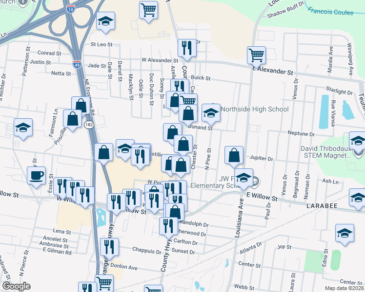 map of restaurants, bars, coffee shops, grocery stores, and more near 1928 Moss Street in Lafayette