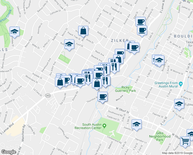 map of restaurants, bars, coffee shops, grocery stores, and more near 2103 Kinney Avenue in Austin