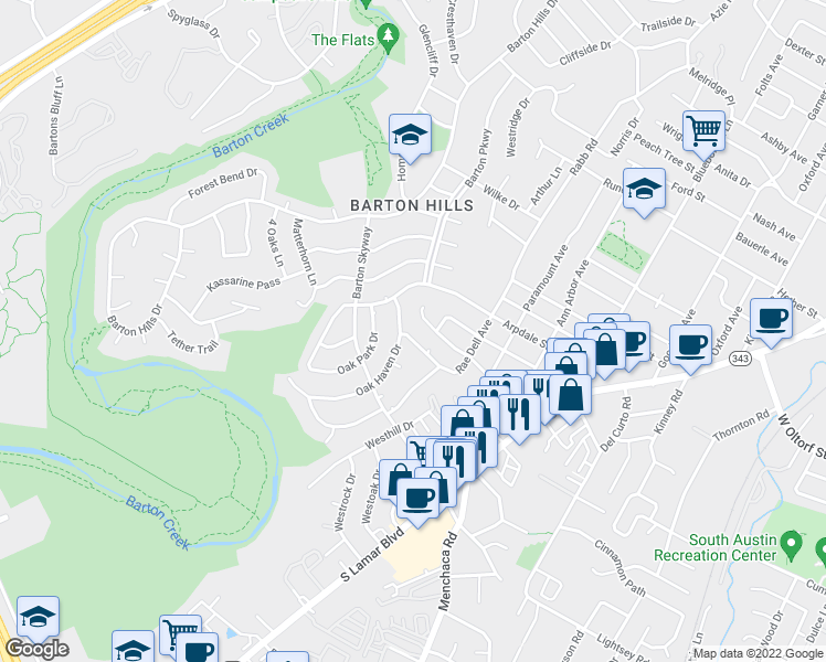 map of restaurants, bars, coffee shops, grocery stores, and more near 2414 Elmglen Drive in Austin