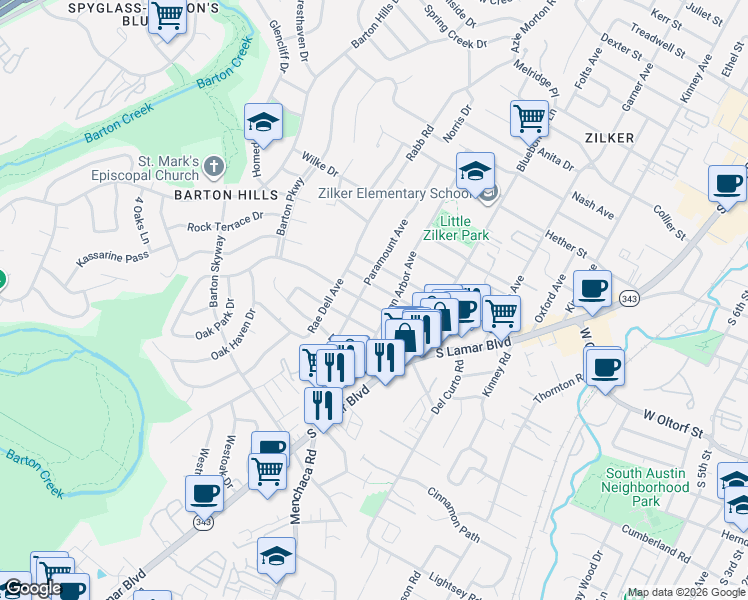 map of restaurants, bars, coffee shops, grocery stores, and more near 2109 Arpdale Street in Austin