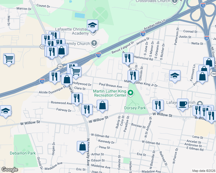 map of restaurants, bars, coffee shops, grocery stores, and more near 246 Paul Breaux Avenue in Lafayette