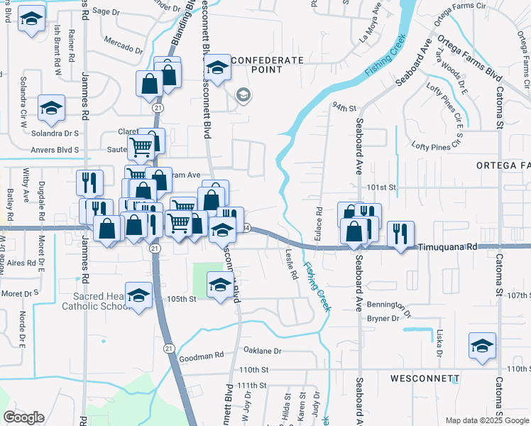 map of restaurants, bars, coffee shops, grocery stores, and more near 5902 Timuquana Road in Jacksonville