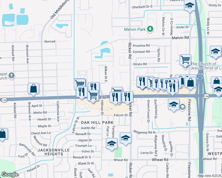 map of restaurants, bars, coffee shops, grocery stores, and more near 5335 Westchase Court in Jacksonville