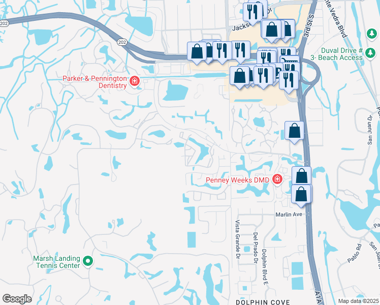 map of restaurants, bars, coffee shops, grocery stores, and more near 425 Timberwalk Court in Ponte Vedra Beach