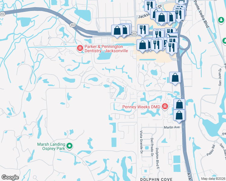 map of restaurants, bars, coffee shops, grocery stores, and more near 425 Timberwalk Court in Ponte Vedra Beach