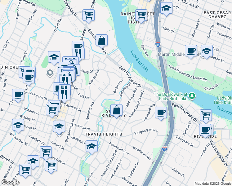 map of restaurants, bars, coffee shops, grocery stores, and more near 1312 Bickler Road in Austin