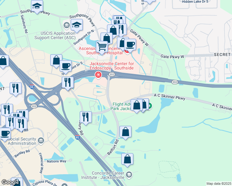 map of restaurants, bars, coffee shops, grocery stores, and more near 4887 Belfort Road in Jacksonville