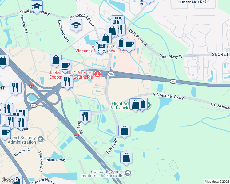 map of restaurants, bars, coffee shops, grocery stores, and more near 4887 Belfort Road in Jacksonville