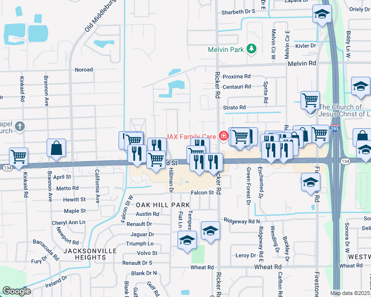 map of restaurants, bars, coffee shops, grocery stores, and more near 5335 Westchase Court in Jacksonville