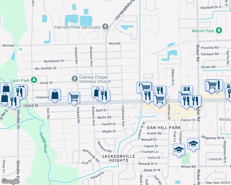 map of restaurants, bars, coffee shops, grocery stores, and more near 8135 Firetower Road in Jacksonville