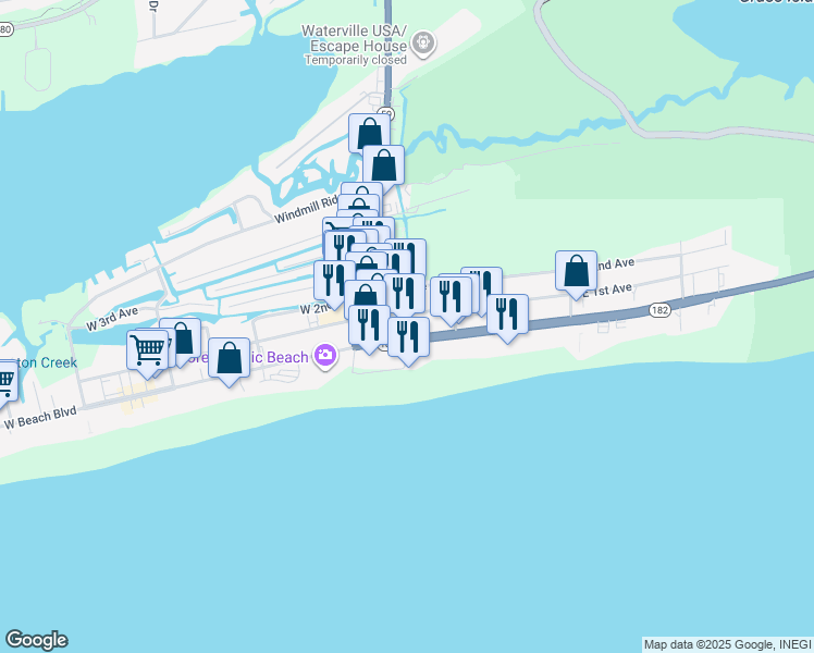 map of restaurants, bars, coffee shops, grocery stores, and more near 220 East Beach Boulevard in Gulf Shores