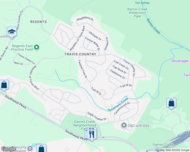 map of restaurants, bars, coffee shops, grocery stores, and more near 4921 Trail West Drive in Austin