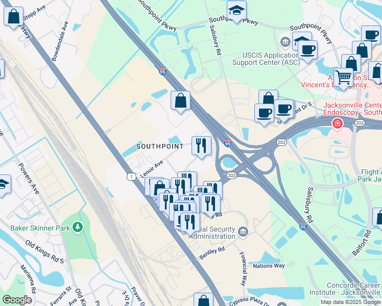 map of restaurants, bars, coffee shops, grocery stores, and more near 4681 South Lenoir Avenue in Jacksonville