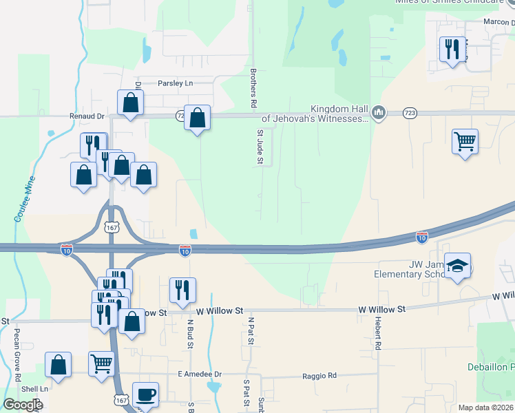 map of restaurants, bars, coffee shops, grocery stores, and more near 215 Vendredi Dr in Scott
