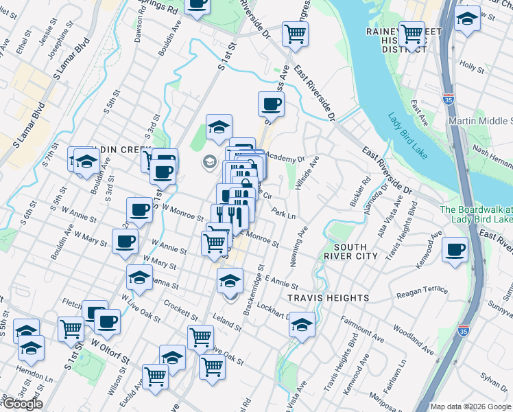 map of restaurants, bars, coffee shops, grocery stores, and more near 1406 Nickerson Street in Austin